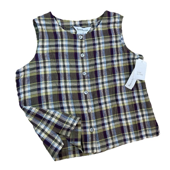 david brooks Tops - Vintage David‎ Brooks Shirt Sleeveless Button Up Vest Plaid Linen Blend Women L